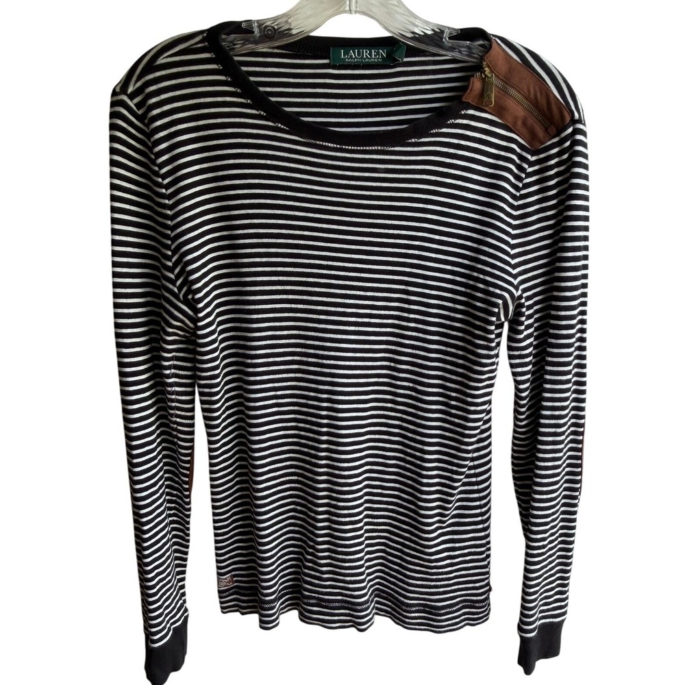 Ralph Lauren Womens Black and White Striped Long Sleeve Top with Suede Accents M